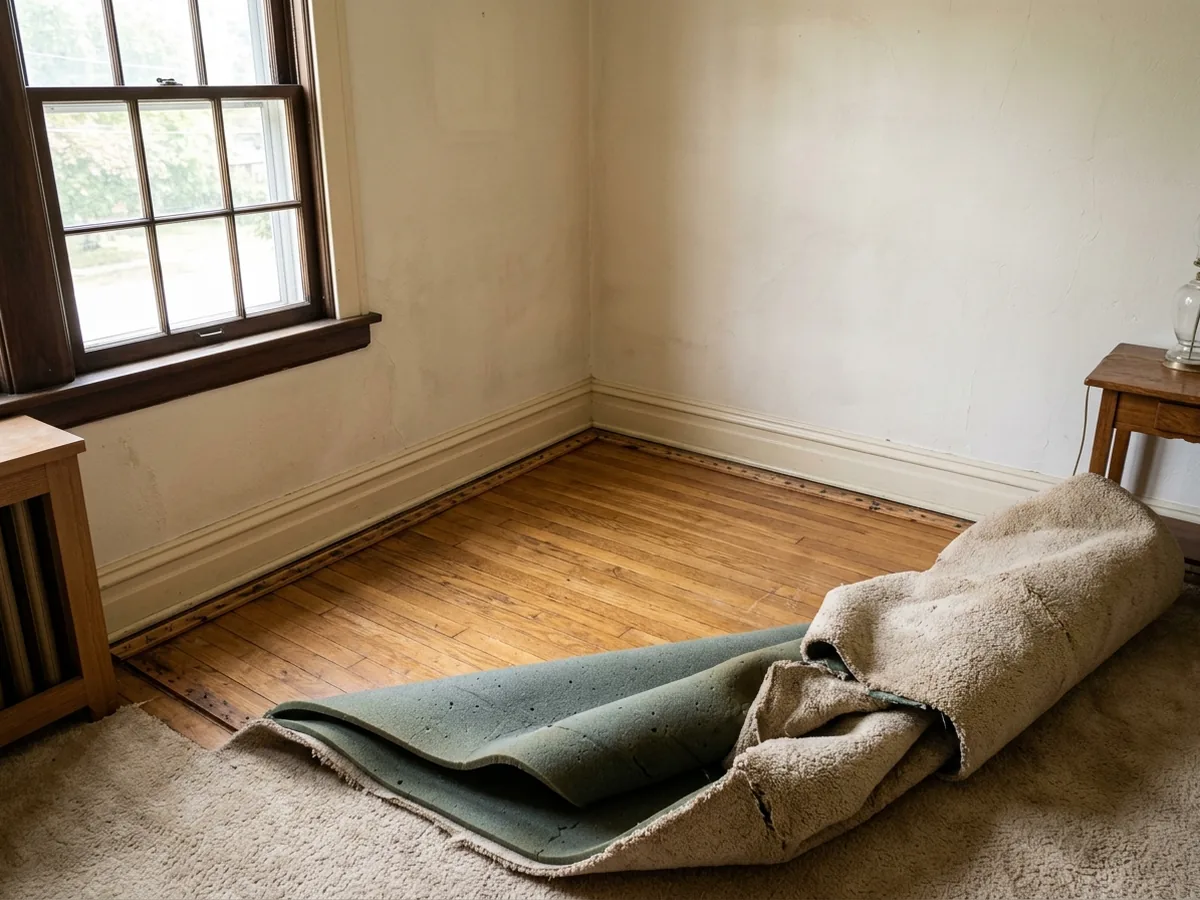 Wall-to-wall carpet peeled back from a corner to show oak strip flooring and a row of tack strip along the baseboard
