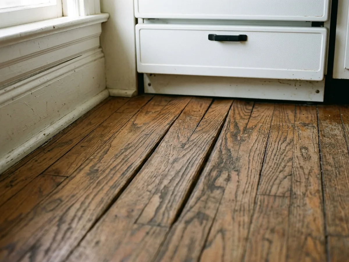 Oak strip boards with raised edges and sunken centers beside a dishwasher, light catching the ridges