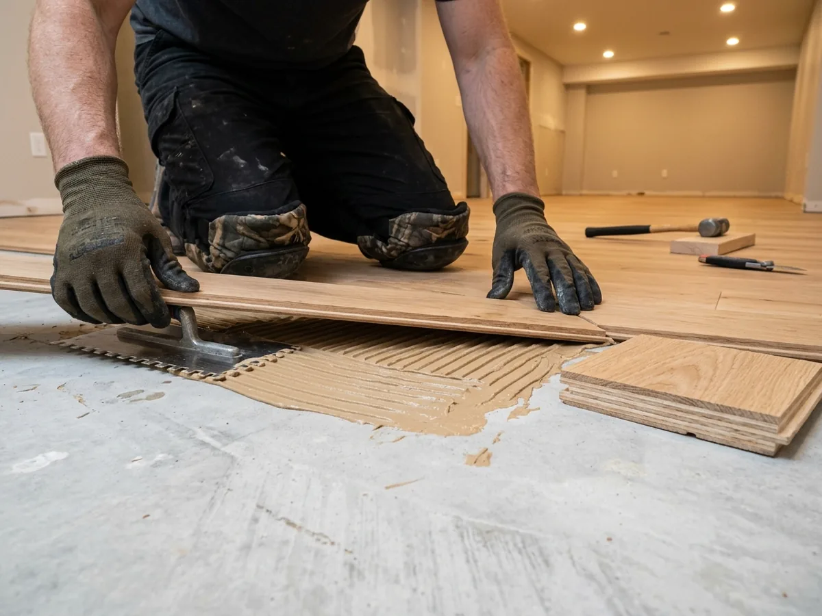 Engineered hardwood planks with a visible plywood core being laid over foam underlayment