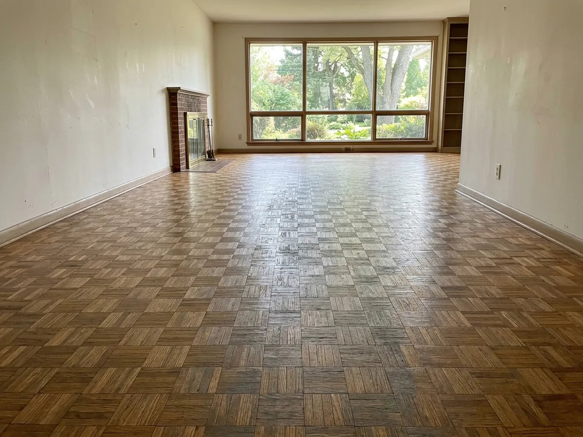 Worn oak block parquet in a basket-weave pattern, finish grayed along a walkway in a mid-century living room