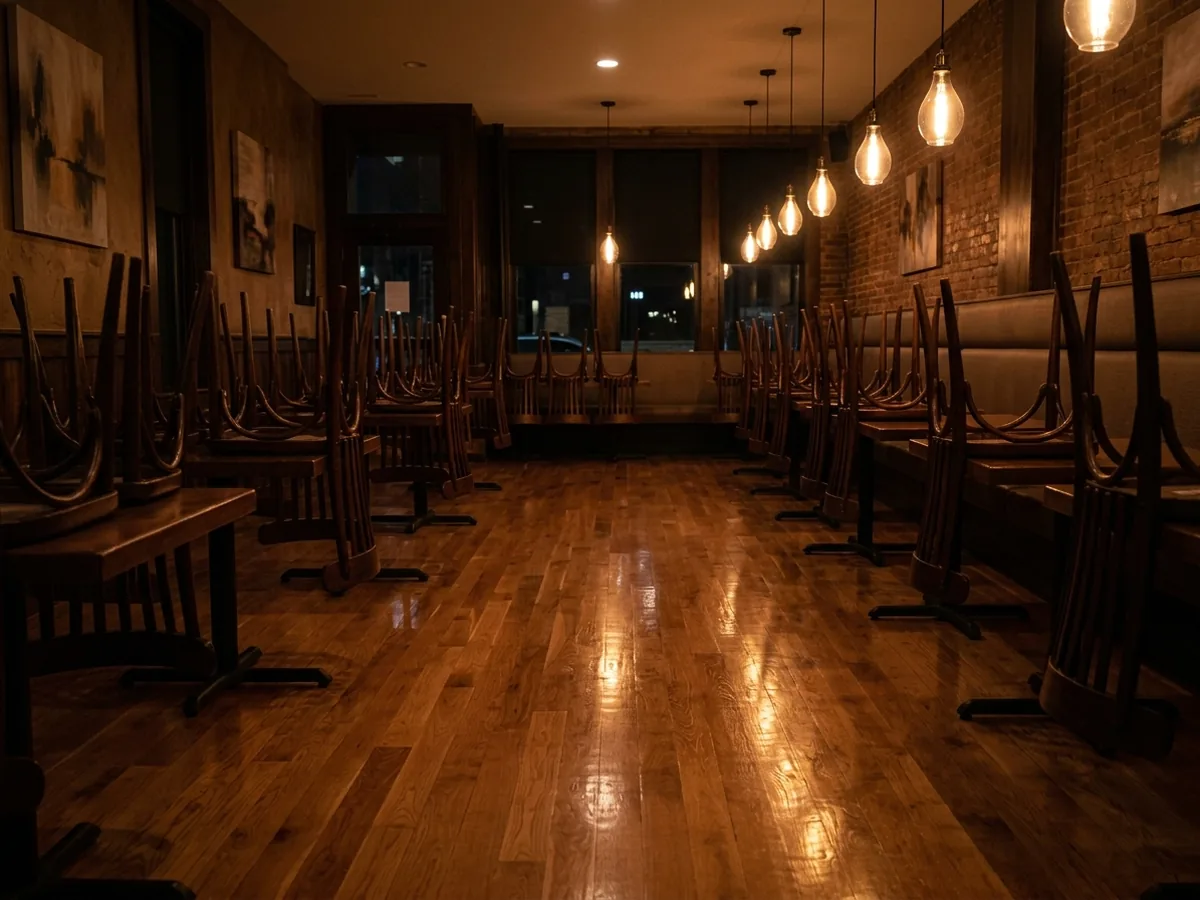 Oak floor in an empty restaurant dining room after closing, chairs upside down on tables and a fresh satin finish