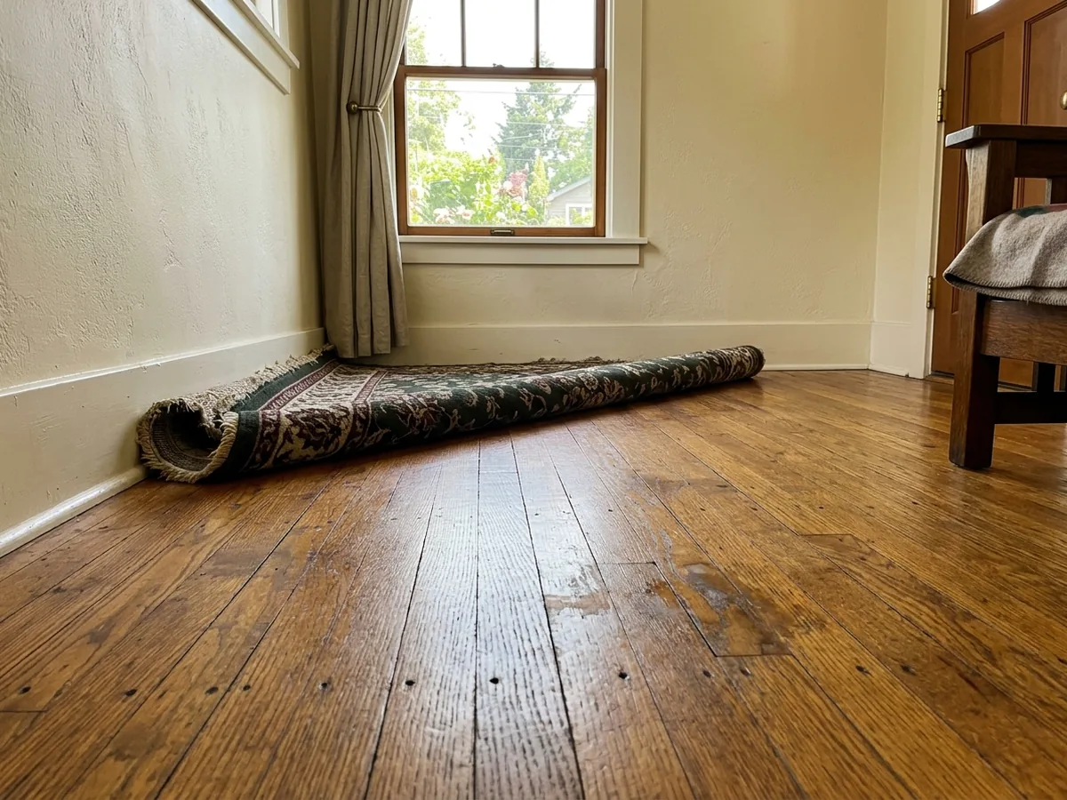 Narrow original oak strip floor with tight growth rings and old nail holes in a bungalow front room