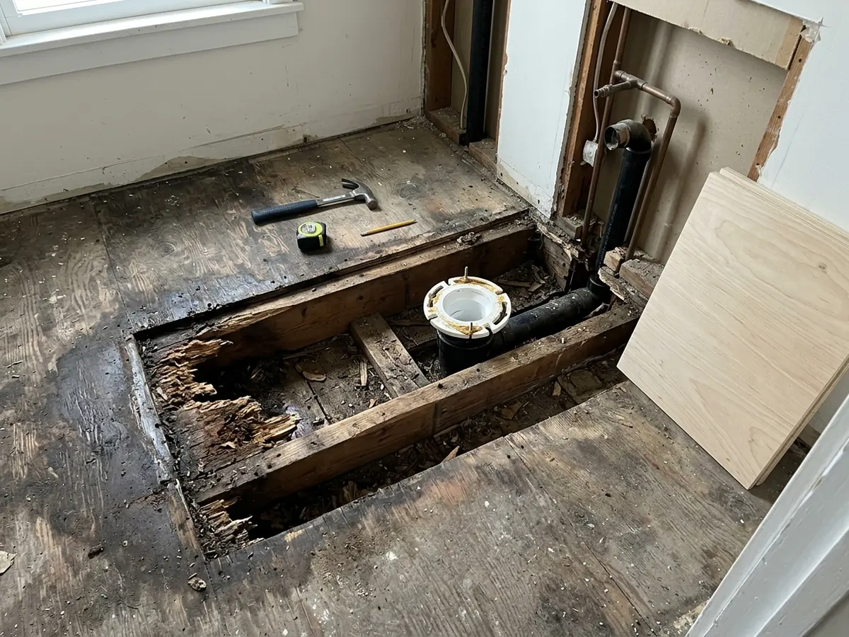 Rotted plywood subfloor cut out between joists beside a toilet flange, a new panel leaning nearby
