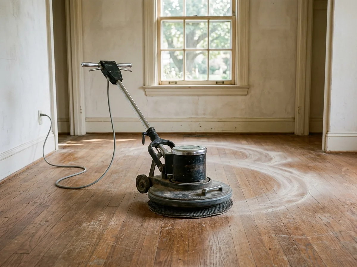 Buffer with a round abrasive screen scuffing a dull oak strip floor in an empty dining room