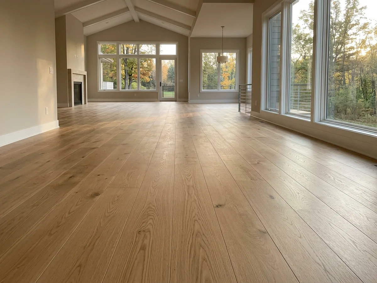Long solid white oak planks about eight inches wide running the length of a sunny open living room