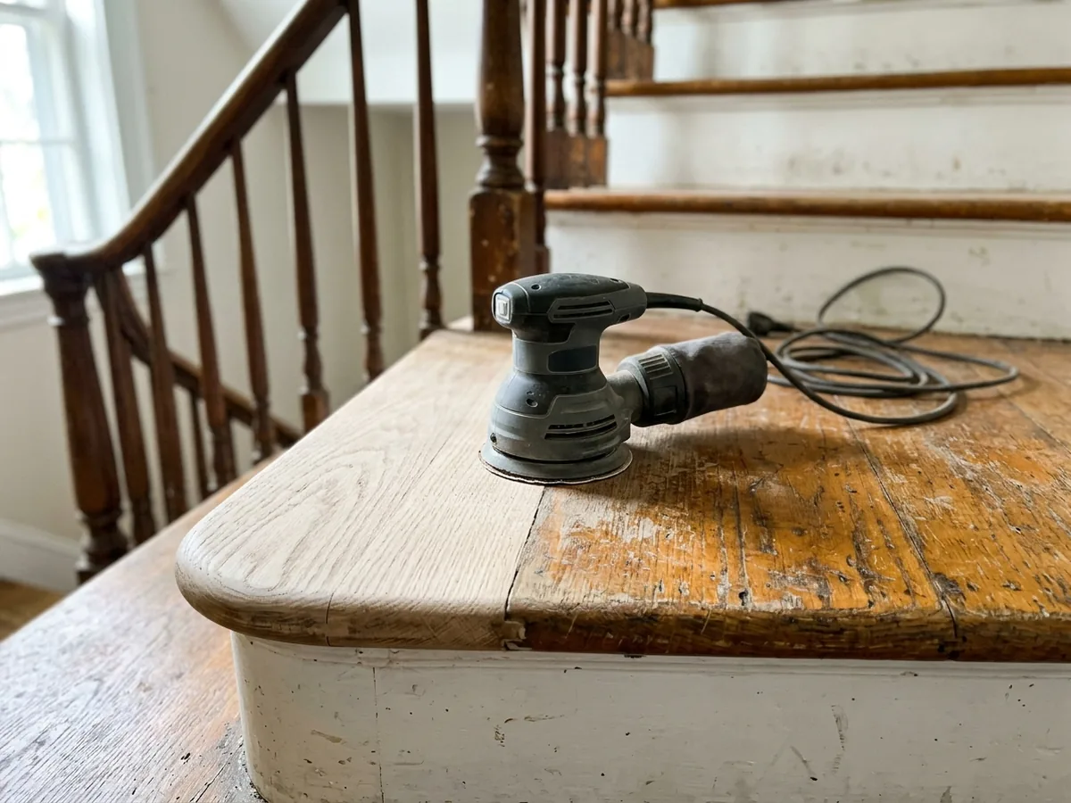Random-orbit sander on a worn oak stair tread with the nosing already sanded to bare wood