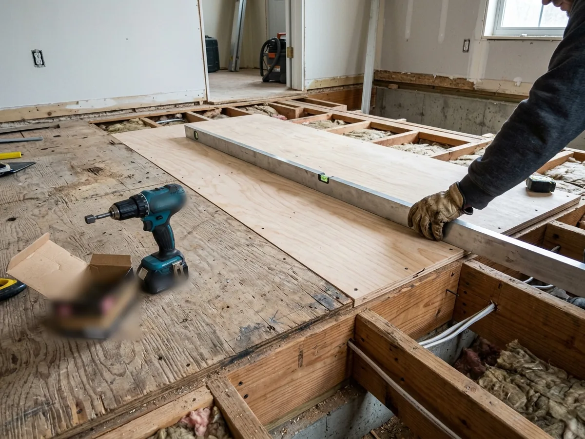Subfloor panel being screwed to floor joists with hardwood boards stacked nearby