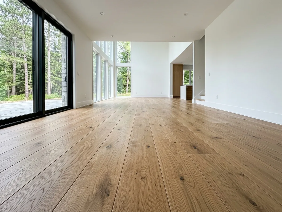 Wide white oak planks with visible grain and a few knots laid across a sunlit room